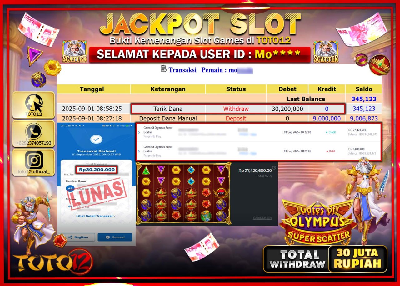 HANYA DI TOTO12 JP PASTI DI BAYAR LUNAS DAN CEPAT!!!!!! JACKPOT SLOT GAME (GATES OF OLYMPUS SUPER SACATTER) Rp.30.200.000 !!!!