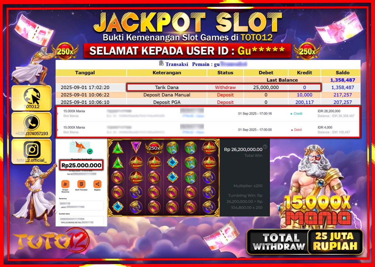 HANYA DI TOTO12 JP PASTI DI BAYAR LUNAS DAN CEPAT!!!!!! JACKPOT SLOT GAME (15.000X MANIA) Rp.25.000.000 !!!!