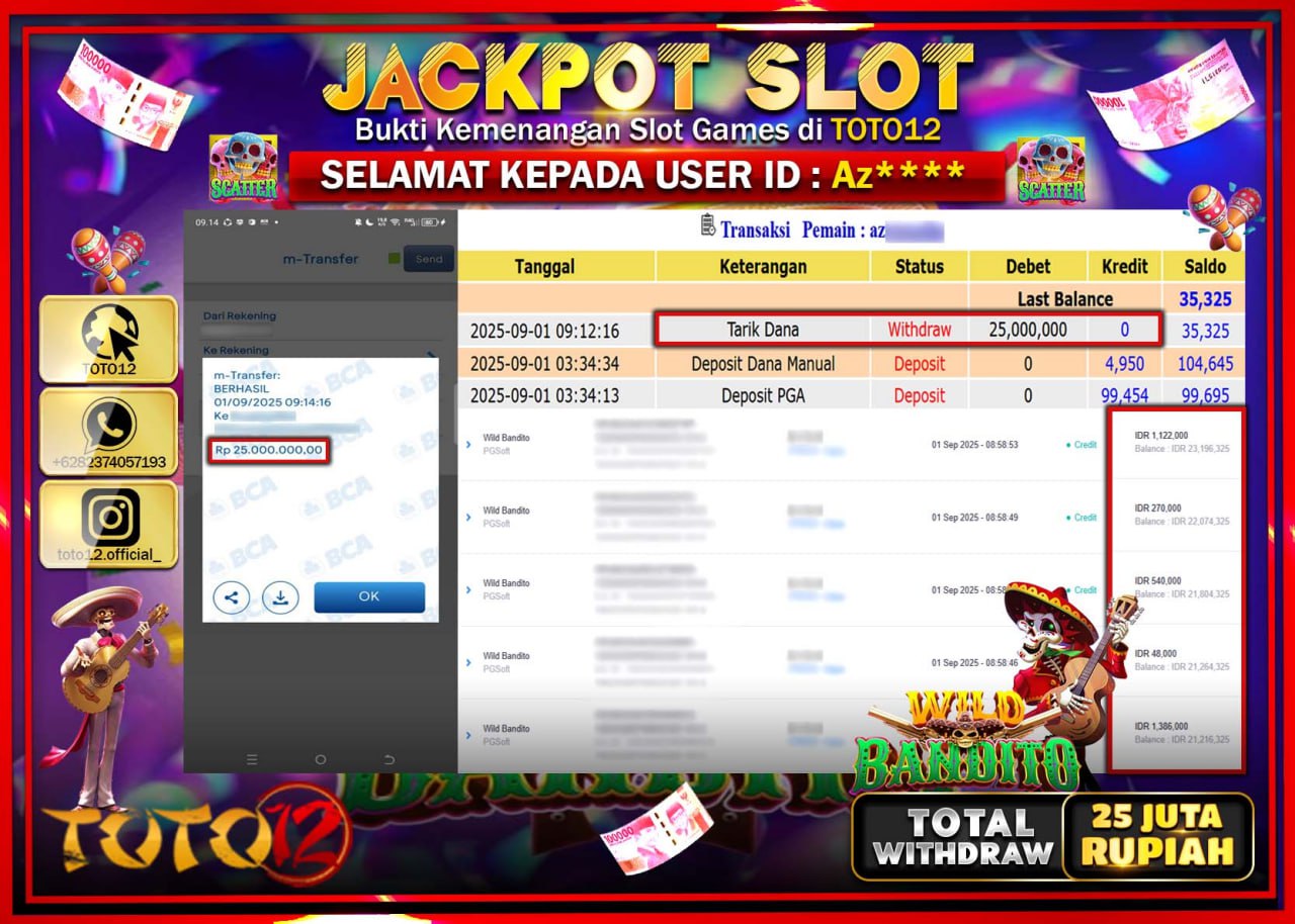 HANYA DI TOTO12 JP PASTI DI BAYAR LUNAS DAN CEPAT!!!!!! JACKPOT SLOT GAME (WILD BANDITO) Rp.25.000.000 !!!!