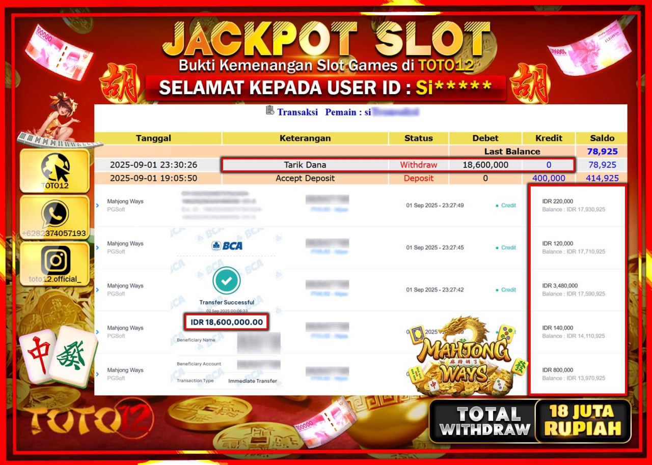 HANYA DI TOTO12 JP PASTI DI BAYAR LUNAS DAN CEPAT!!!!!! JACKPOT SLOT GAME (MAHJONG WAYS) Rp.18.600.000 !!!!