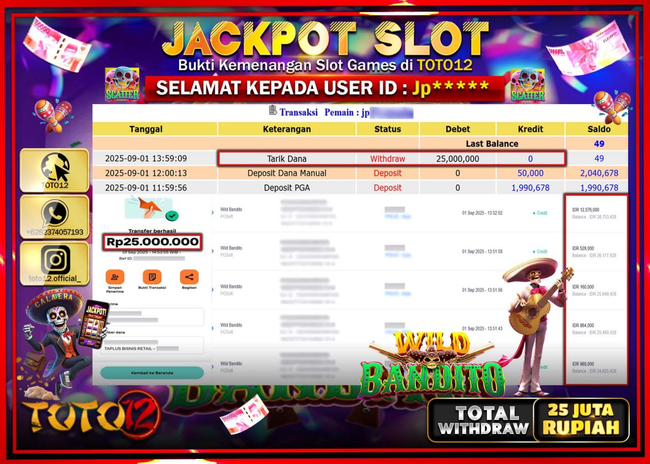 HANYA DI TOTO12 JP PASTI DI BAYAR LUNAS DAN CEPAT!!!!!! JACKPOT SLOT GAME (WILD BANDITO) Rp.25.000.000 !!!!