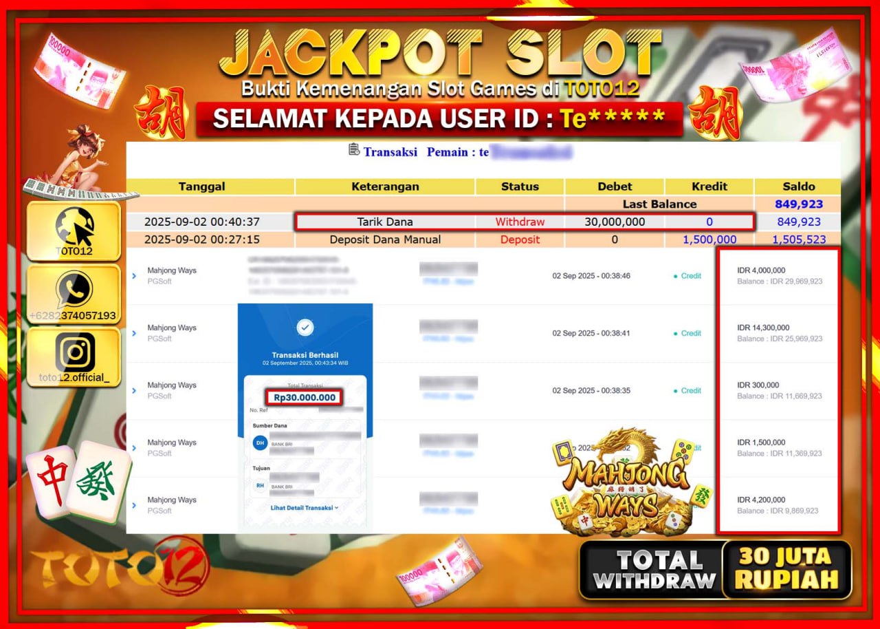 HANYA DI TOTO12 JP PASTI DI BAYAR LUNAS DAN CEPAT!!!!!! JACKPOT SLOT GAME (MAHJONG WAYS) Rp.30.000.000 !!!!