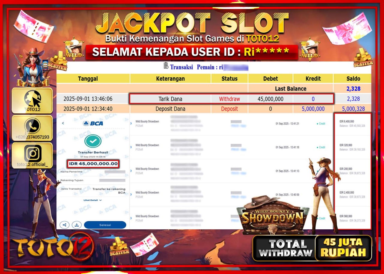 HANYA DI TOTO12 JP PASTI DI BAYAR LUNAS DAN CEPAT!!!!!! JACKPOT SLOT GAME (WILD BOUNTY SHOWDOWN) Rp.45.000.000 !!!!