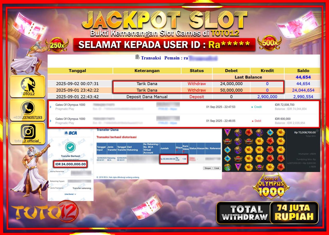 HANYA DI TOTO12 JP PASTI DI BAYAR LUNAS DAN CEPAT!!!!!! JACKPOT SLOT GAME (GATES OF OLYMPUS 1000) Rp.74.000.000 !!!!