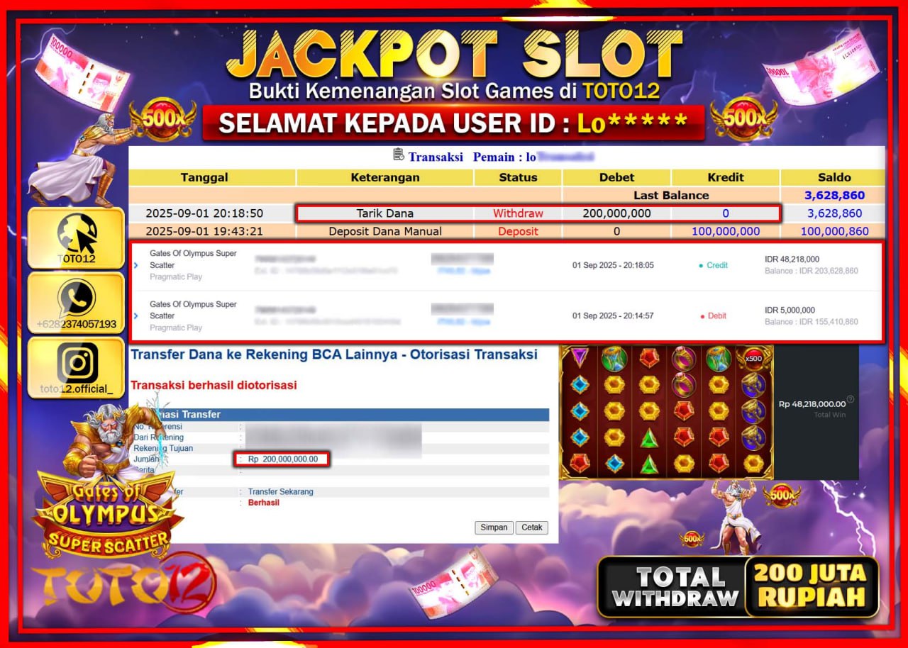 HANYA DI TOTO12 JP PASTI DI BAYAR LUNAS DAN CEPAT!!!!!! JACKPOT SLOT GAME (GATES OF OLYMPUS SUPER SACATTER) Rp.200.000.000 !!!!
