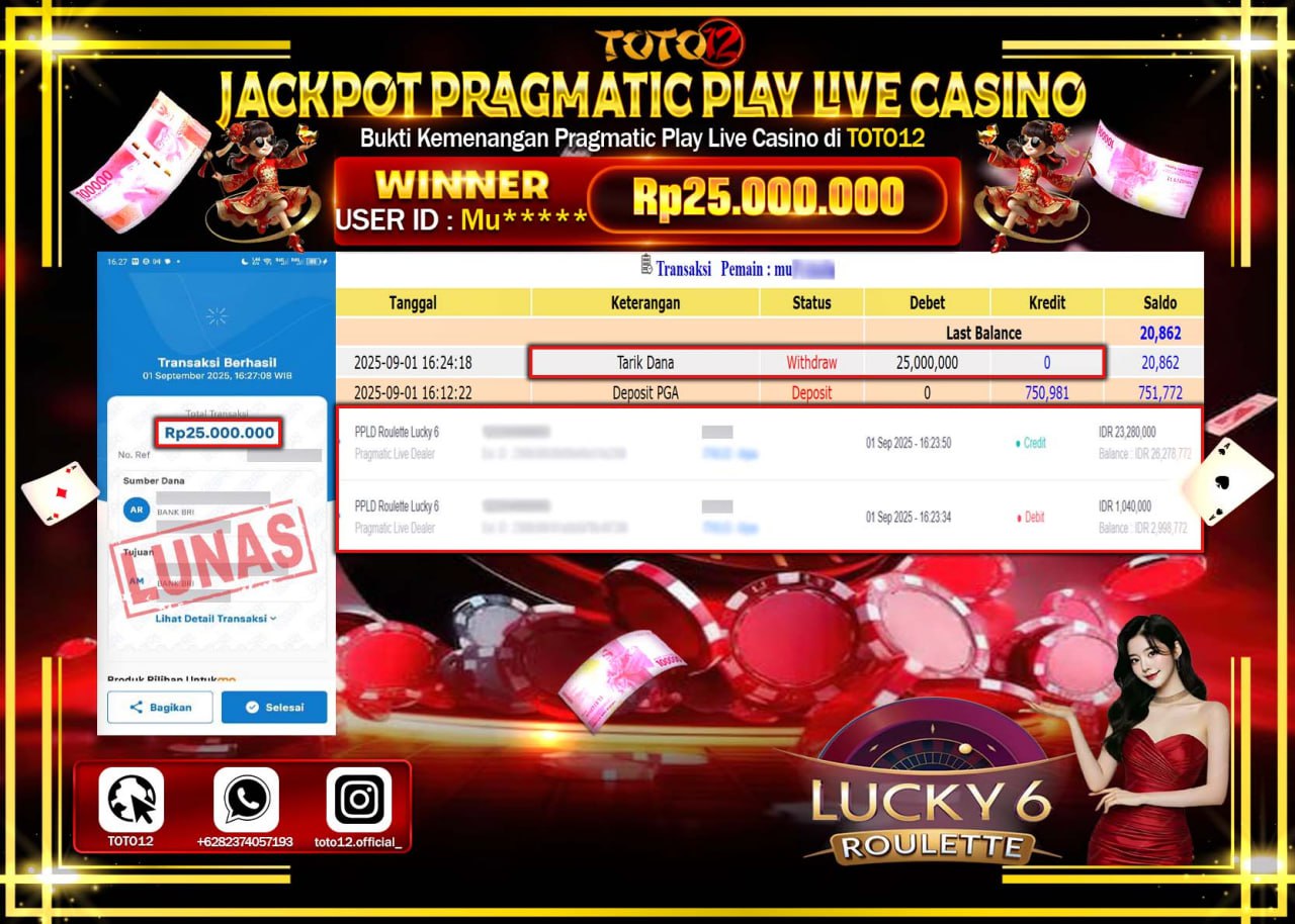 HANYA DI TOTO12 JP PASTI DI BAYAR LUNAS DAN CEPAT!!!!!! JACKPOT PRAGMATIC PLAY LIVE CASINO (LUCKY ROULETTE 6) Rp.25.000.000 !!!!