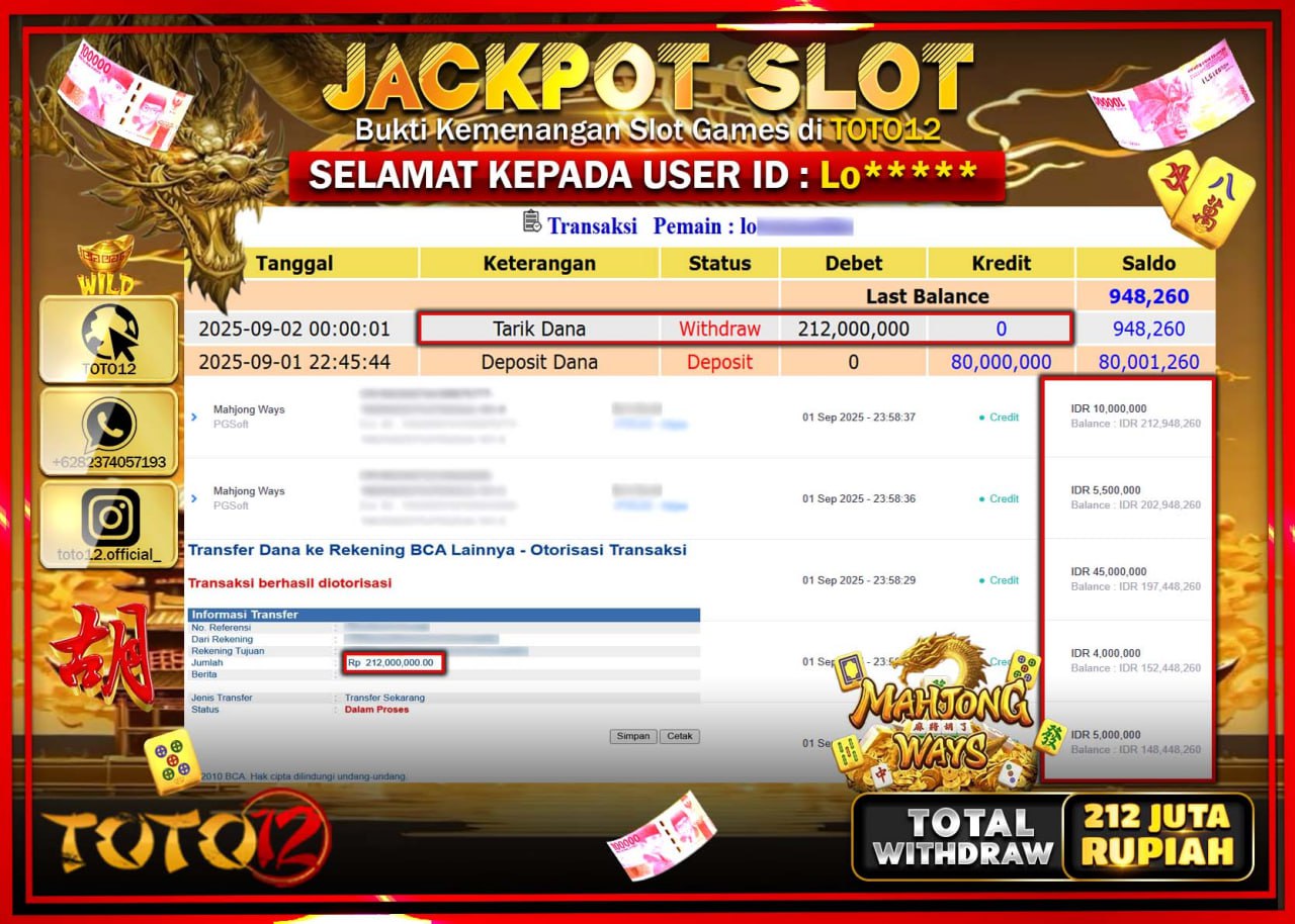 HANYA DI TOTO12 JP PASTI DI BAYAR LUNAS DAN CEPAT!!!!!! JACKPOT SLOT GAME (MAHJONG WAYS) Rp.212.000.000 !!!!