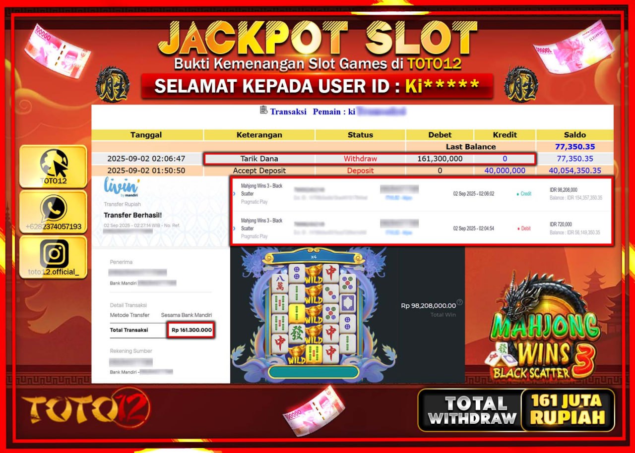 HANYA DI TOTO12 JP PASTI DI BAYAR LUNAS DAN CEPAT!!!!!! JACKPOT SLOT GAME (MAHJONG WINS 3 BLACK SCATTER) Rp.161.300.000 !!!!