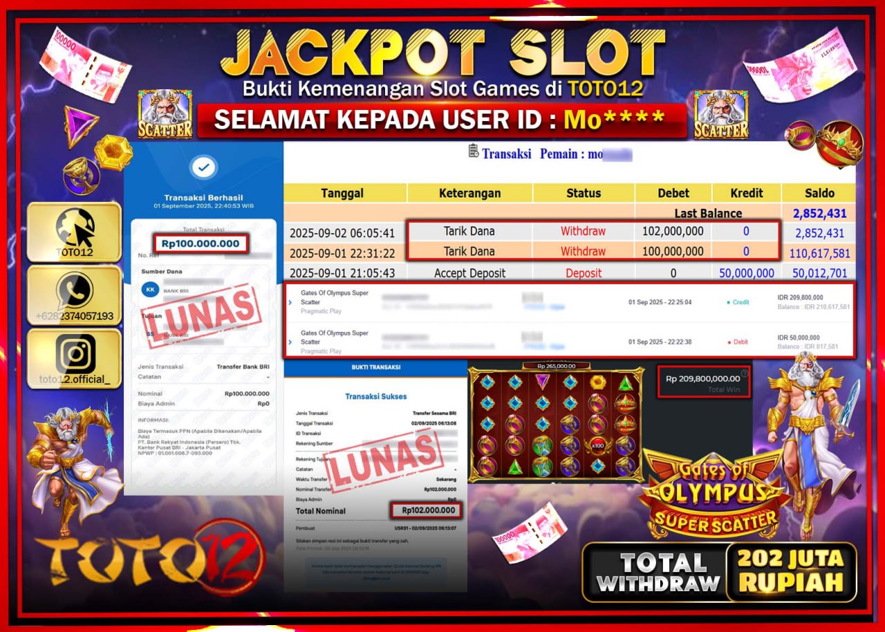 HANYA DI TOTO12 JP PASTI DI BAYAR LUNAS DAN CEPAT!!!!!! JACKPOT SLOT GAME (GATES OF OLYMPUS SUPER SCATTER) Rp.202.000.000 !!!!