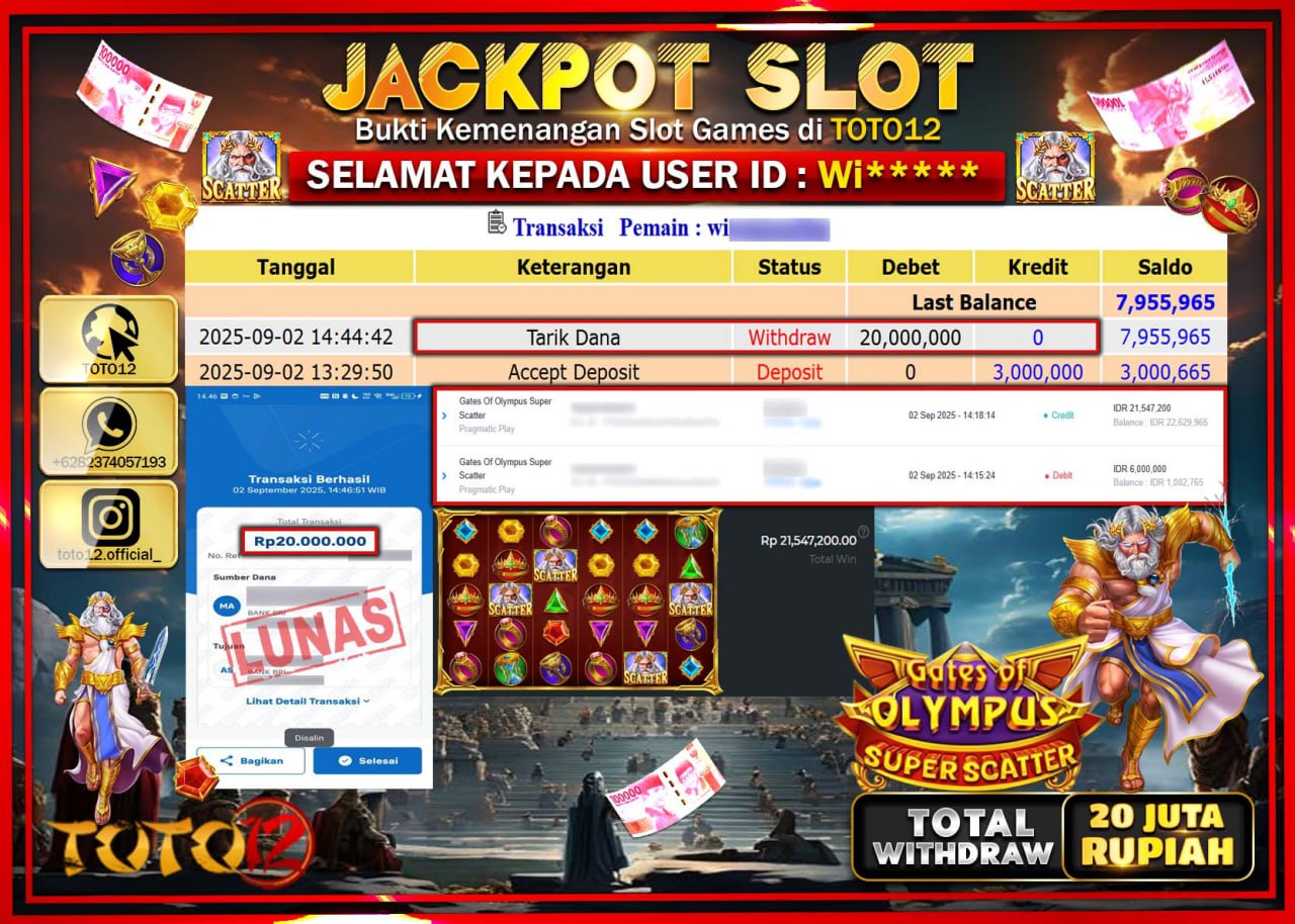HANYA DI TOTO12 JP PASTI DI BAYAR LUNAS DAN CEPAT!!!!!! JACKPOT SLOT GAME (GATES OF OLYMPUS SUPER SCATTER) Rp.20.000.000 !!!!