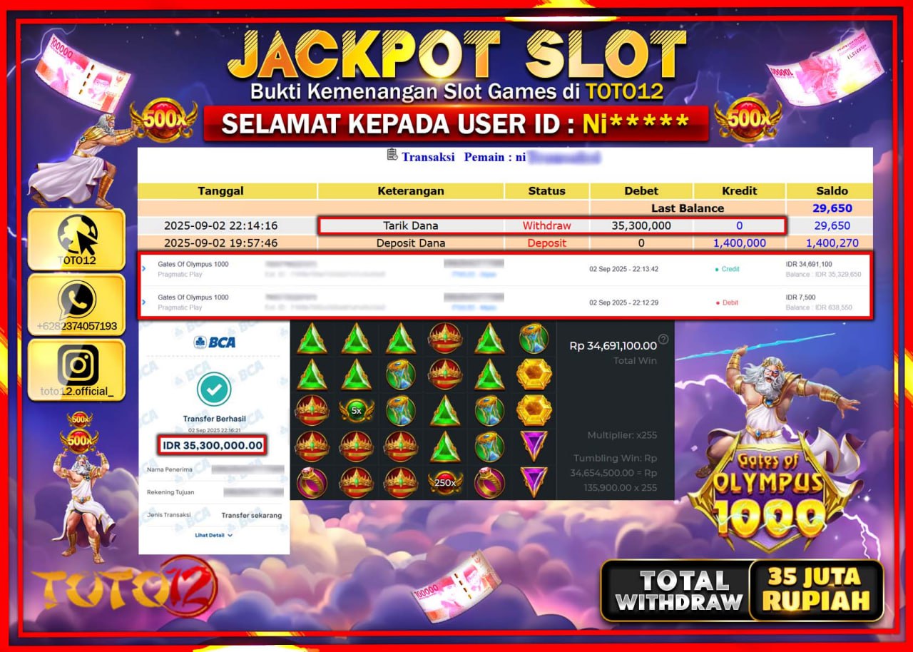 HANYA DI TOTO12 JP PASTI DI BAYAR LUNAS DAN CEPAT!!!!!! JACKPOT SLOT GAME (GATES OF OLYMPUS 1000) Rp.35.300.000 !!!!