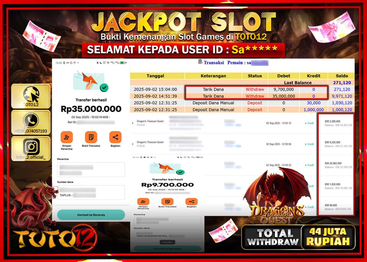 HANYA DI TOTO12 JP PASTI DI BAYAR LUNAS DAN CEPAT!!!!!! JACKPOT SLOT GAME (DRAGONS TREASURE QUEST) Rp.44.700.000 !!!!