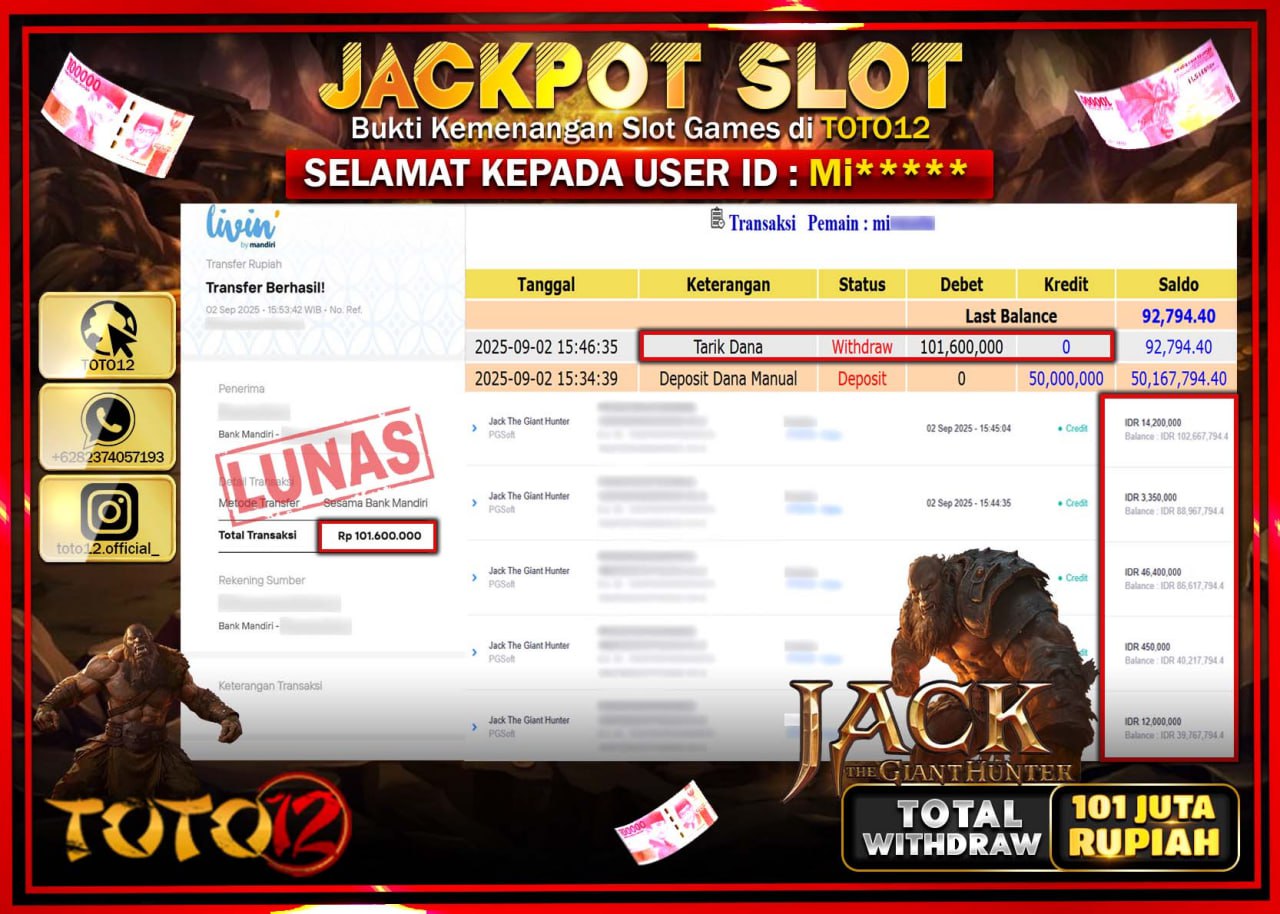 HANYA DI TOTO12 JP PASTI DI BAYAR LUNAS DAN CEPAT!!!!!! JACKPOT SLOT GAME (JACK THE GIANTHUNTER) Rp.101.600.000 !!!!