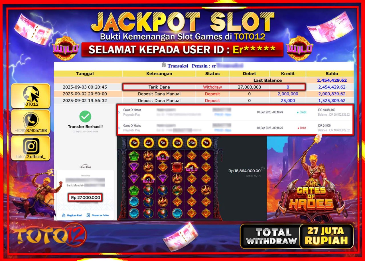 HANYA DI TOTO12 JP PASTI DI BAYAR LUNAS DAN CEPAT!!!!!! JACKPOT SLOT GAME (GATES OF HADES) Rp.27.000.000 !!!!