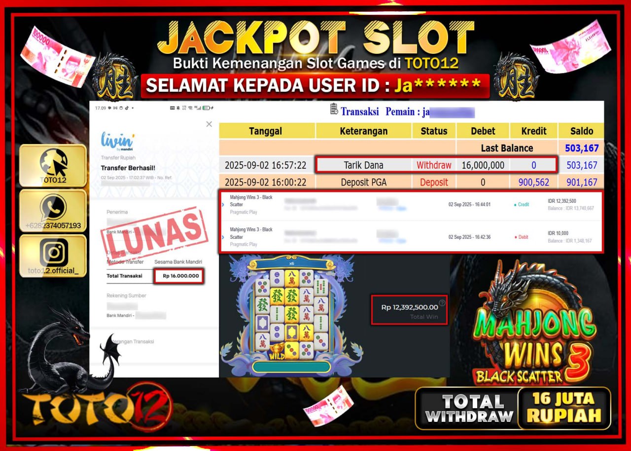 HANYA DI TOTO12 JP PASTI DI BAYAR LUNAS DAN CEPAT!!!!!! JACKPOT SLOT GAME (MAHJONG WINS 3 BLACK SCATTER) Rp.16.000.000 !!!!