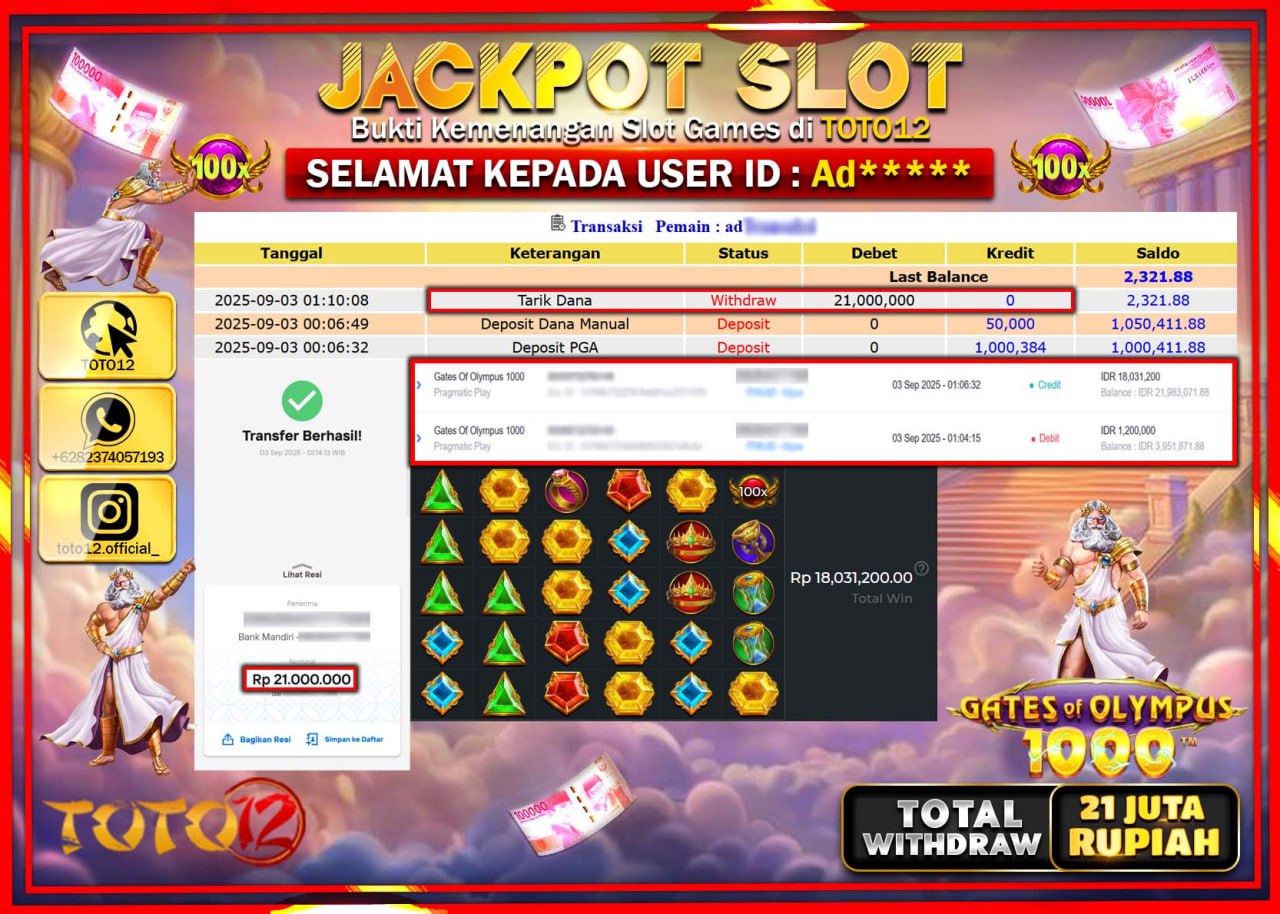 HANYA DI TOTO12 JP PASTI DI BAYAR LUNAS DAN CEPAT!!!!!! JACKPOT SLOT GAME (GATES OF OLYMPUS 1000) Rp.21.000.000 !!!!