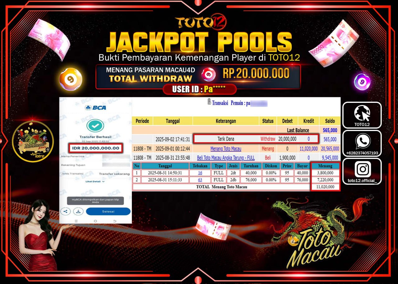 HANYA DI TOTO12 JP PASTI DI BAYAR LUNAS DAN CEPAT!!!!!! JACKPOT POOLS PASARAN (TOTO MACAU) Rp.20.000.000 !!!!