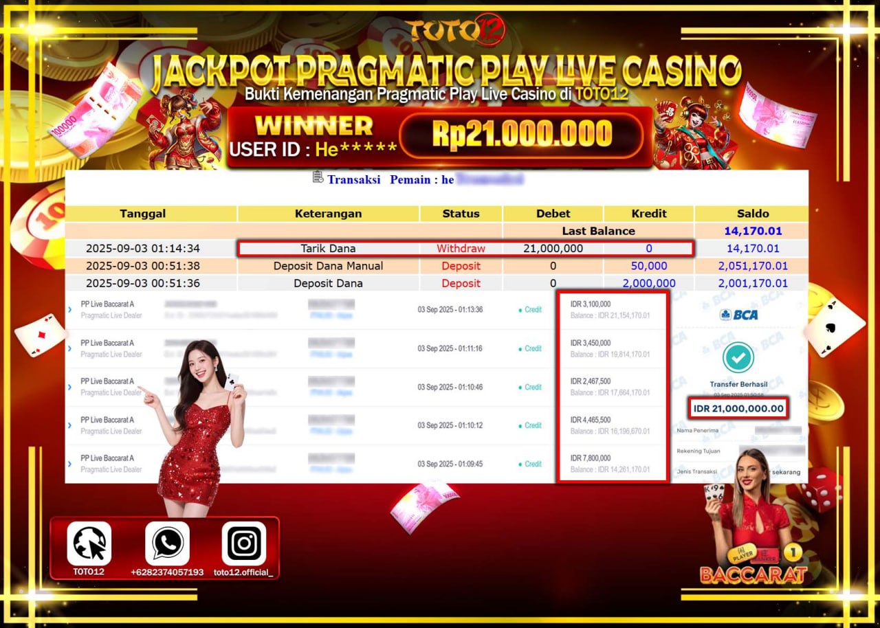 HANYA DI TOTO12 JP PASTI DI BAYAR LUNAS DAN CEPAT!!!!!! JACKPOT PRAGMATIC PLAY LIVE CASINO (BACCARAT 1) Rp.21.000.000 !!!!