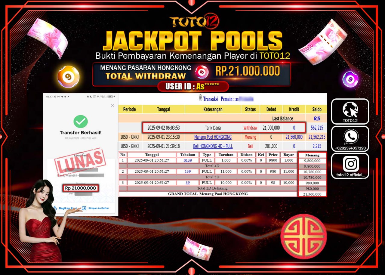 HANYA DI TOTO12 JP PASTI DI BAYAR LUNAS DAN CEPAT!!!!!! JACKPOT POOLS PASARAN (HONGKONG) Rp.21.000.000 !!!!