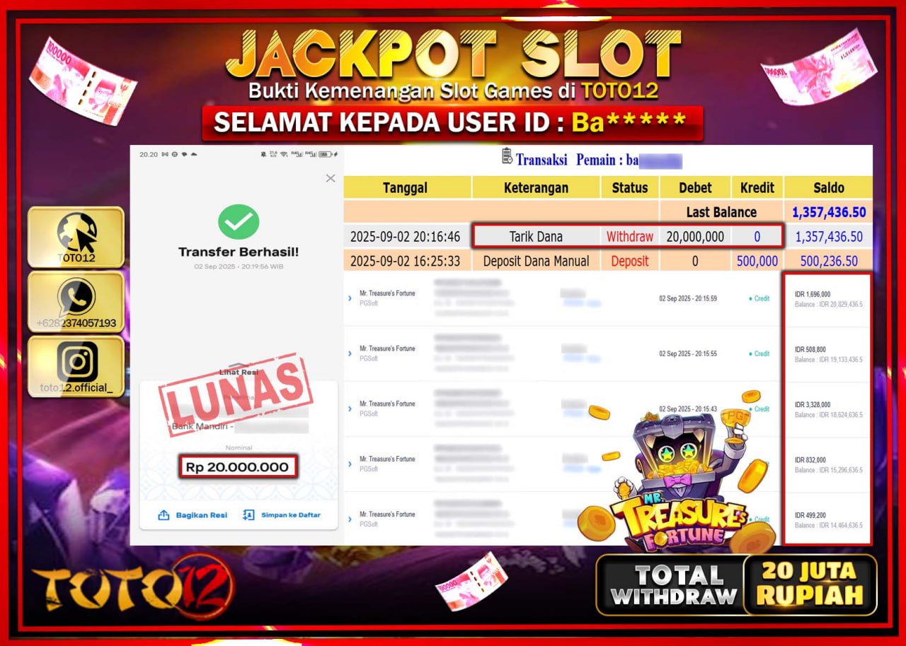 HANYA DI TOTO12 JP PASTI DI BAYAR LUNAS DAN CEPAT!!!!!! JACKPOT SLOT GAME (MR TREASURE FORTUNE) Rp.20.000.000 !!!!