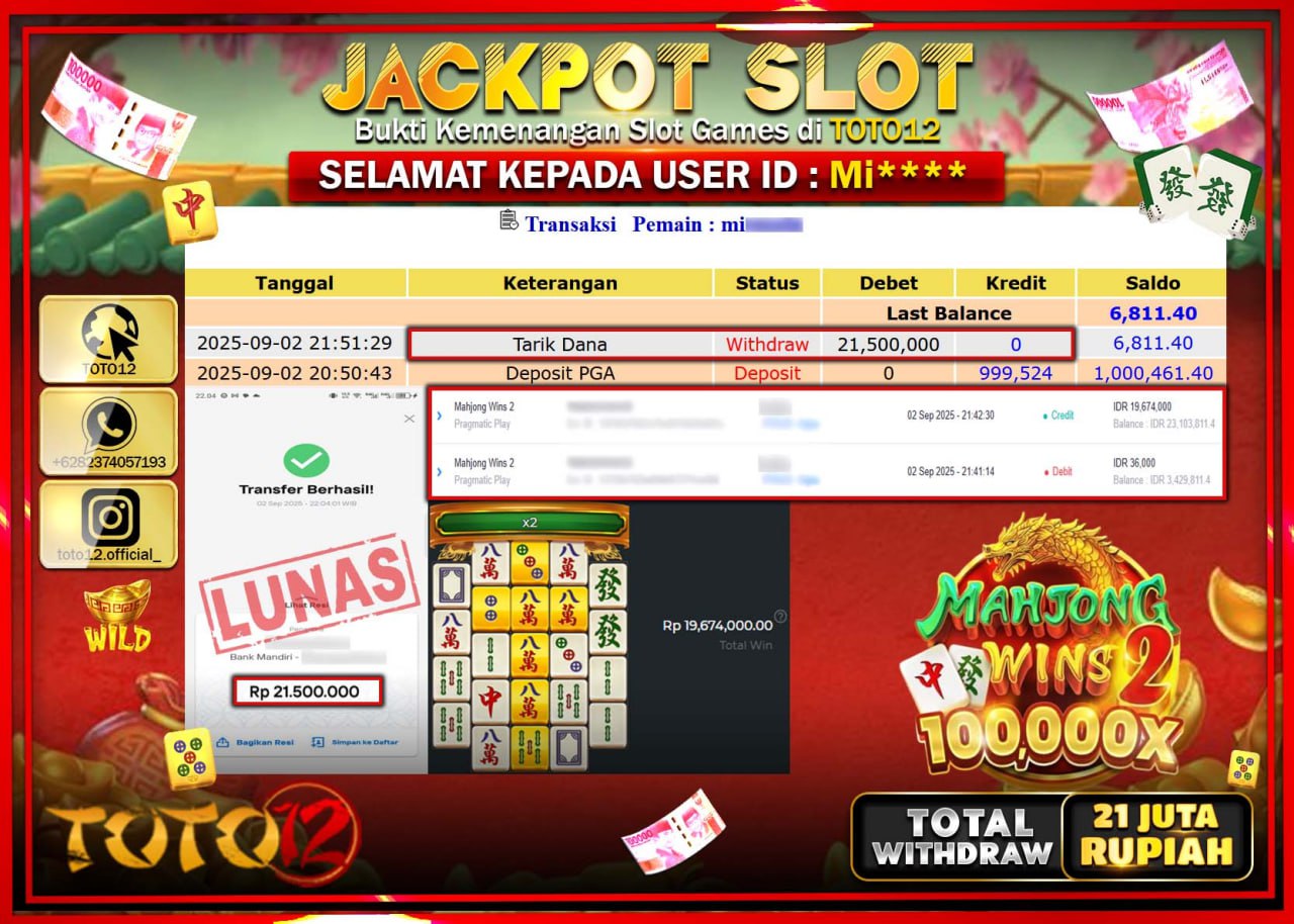 HANYA DI TOTO12 JP PASTI DI BAYAR LUNAS DAN CEPAT!!!!!! JACKPOT SLOT GAME (MAHJONG WINS 2) Rp.21.500.000 !!!!