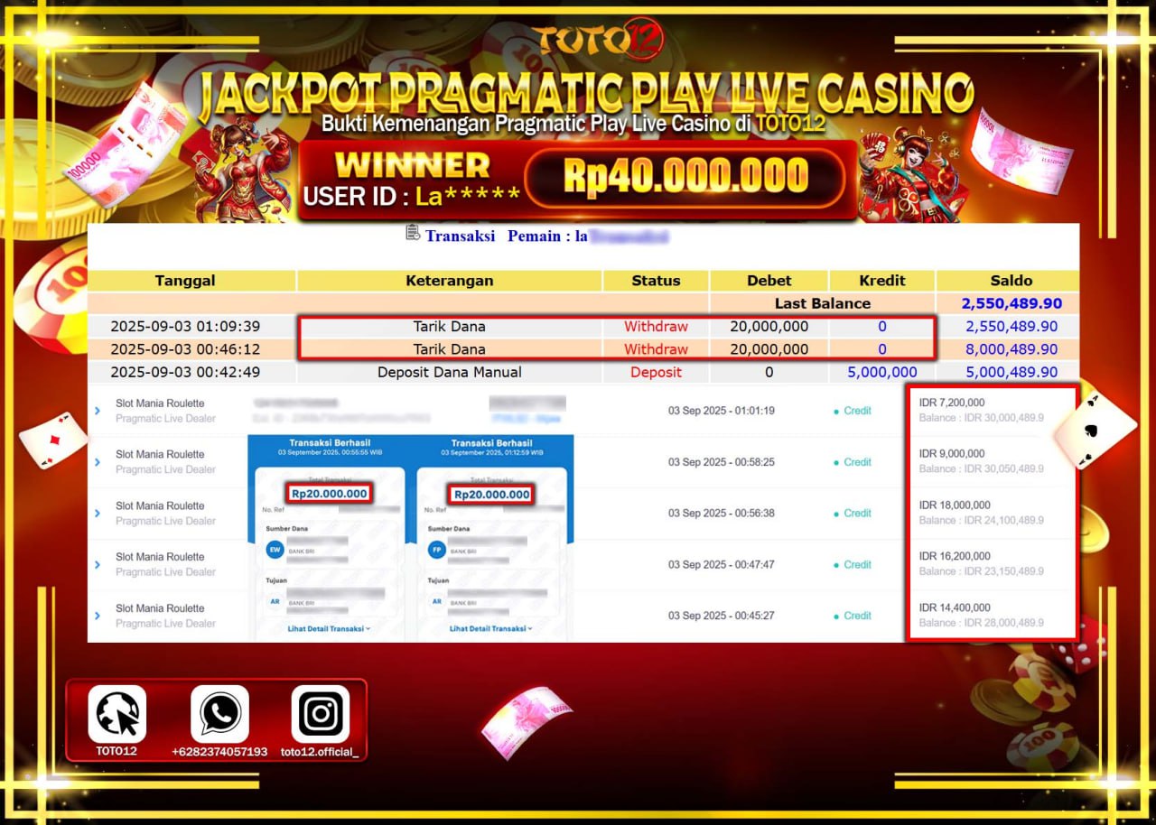 HANYA DI TOTO12 JP PASTI DI BAYAR LUNAS DAN CEPAT!!!!!! JACKPOT PRAGMATIC PLAY LIVE CASINO (MANIA ROULETTE) Rp.40.000.000 !!!!