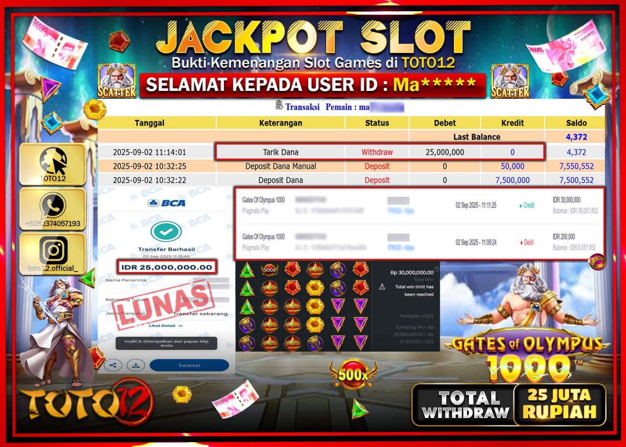 HANYA DI TOTO12 JP PASTI DI BAYAR LUNAS DAN CEPAT!!!!!! JACKPOT SLOT GAME (GATES OF OLYMPUS 1000) Rp.25.000.000 !!!!