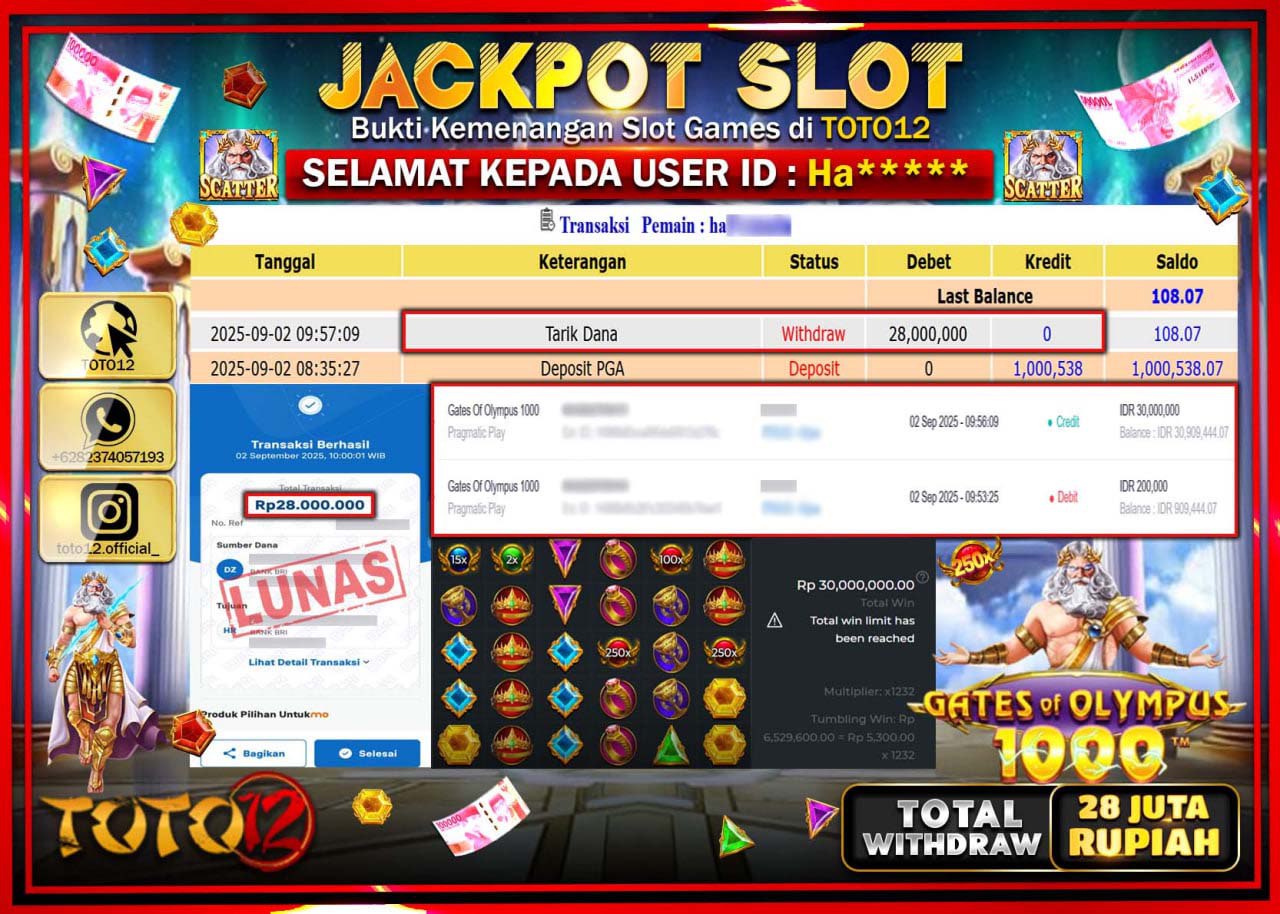 HANYA DI TOTO12 JP PASTI DI BAYAR LUNAS DAN CEPAT!!!!!! JACKPOT SLOT GAME (GATES OF OLYMPUS 1000) Rp.28.000.000 !!!!