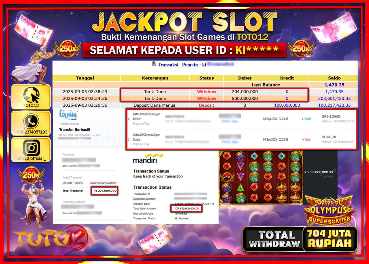 HANYA DI TOTO12 JP PASTI DI BAYAR LUNAS DAN CEPAT!!!!!! JACKPOT SLOT GAME (GATES OF OLYMPUS SUPER SCATTER) Rp.704.000.000 !!!!