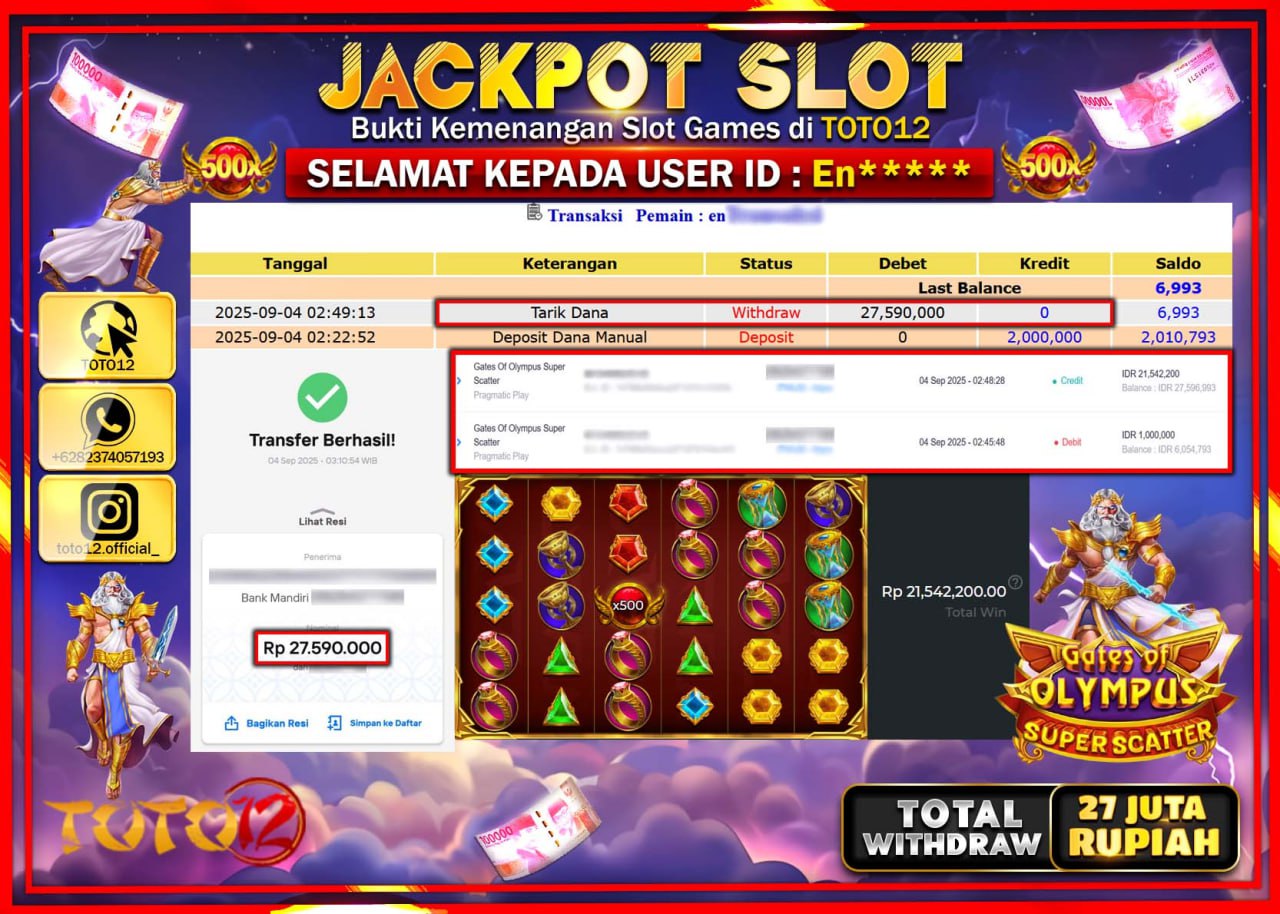 HANYA DI TOTO12 JP PASTI DI BAYAR LUNAS DAN CEPAT!!!!!! JACKPOT SLOT GAME (GATES OF OLYMPUS SUPER SCATTER) Rp.27.590.000 !!!!