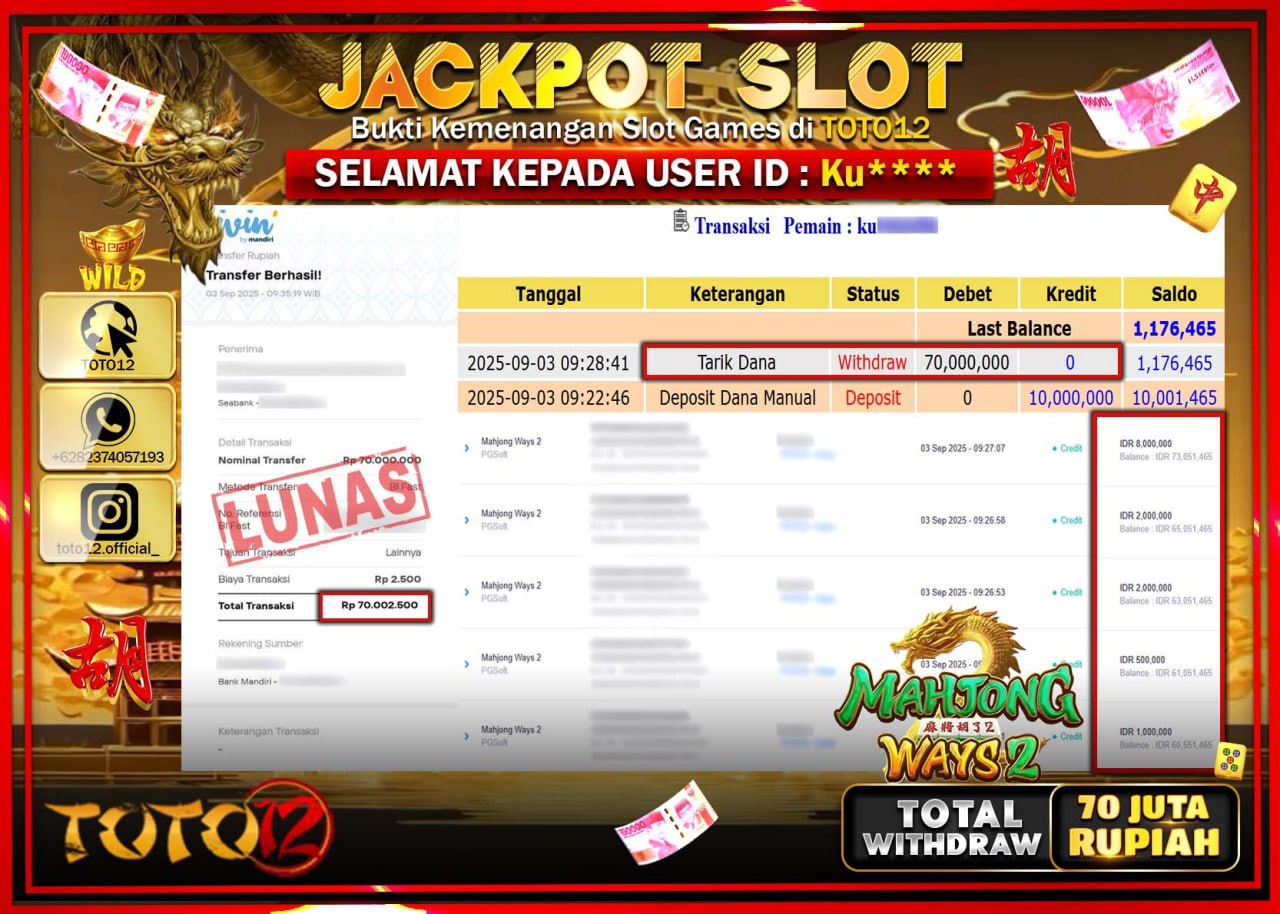 HANYA DI TOTO12 JP PASTI DI BAYAR LUNAS DAN CEPAT!!!!!! JACKPOT SLOT GAME (MAHJONG WAYS 2) Rp.70.000.000 !!!!
