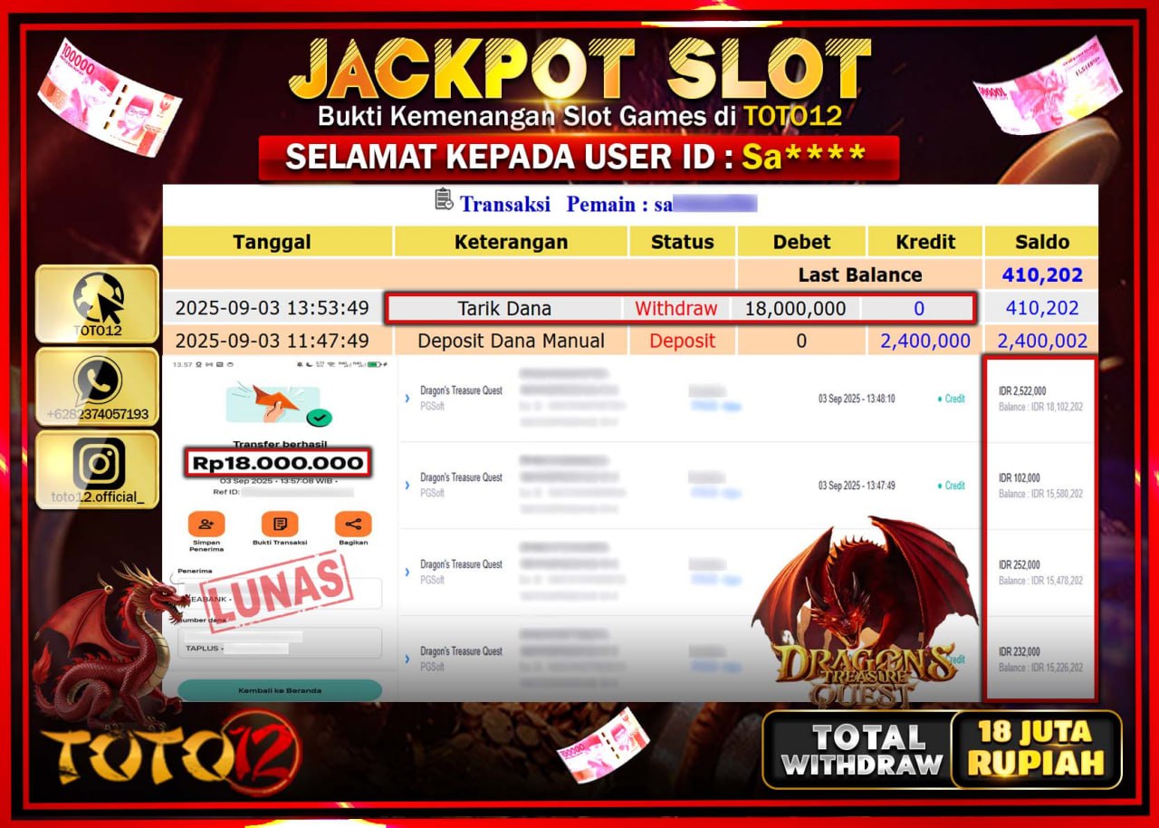 HANYA DI TOTO12 JP PASTI DI BAYAR LUNAS DAN CEPAT!!!!!! JACKPOT SLOT GAME (DRAGONS TREASURE QUEST) Rp.18.000.000 !!!!