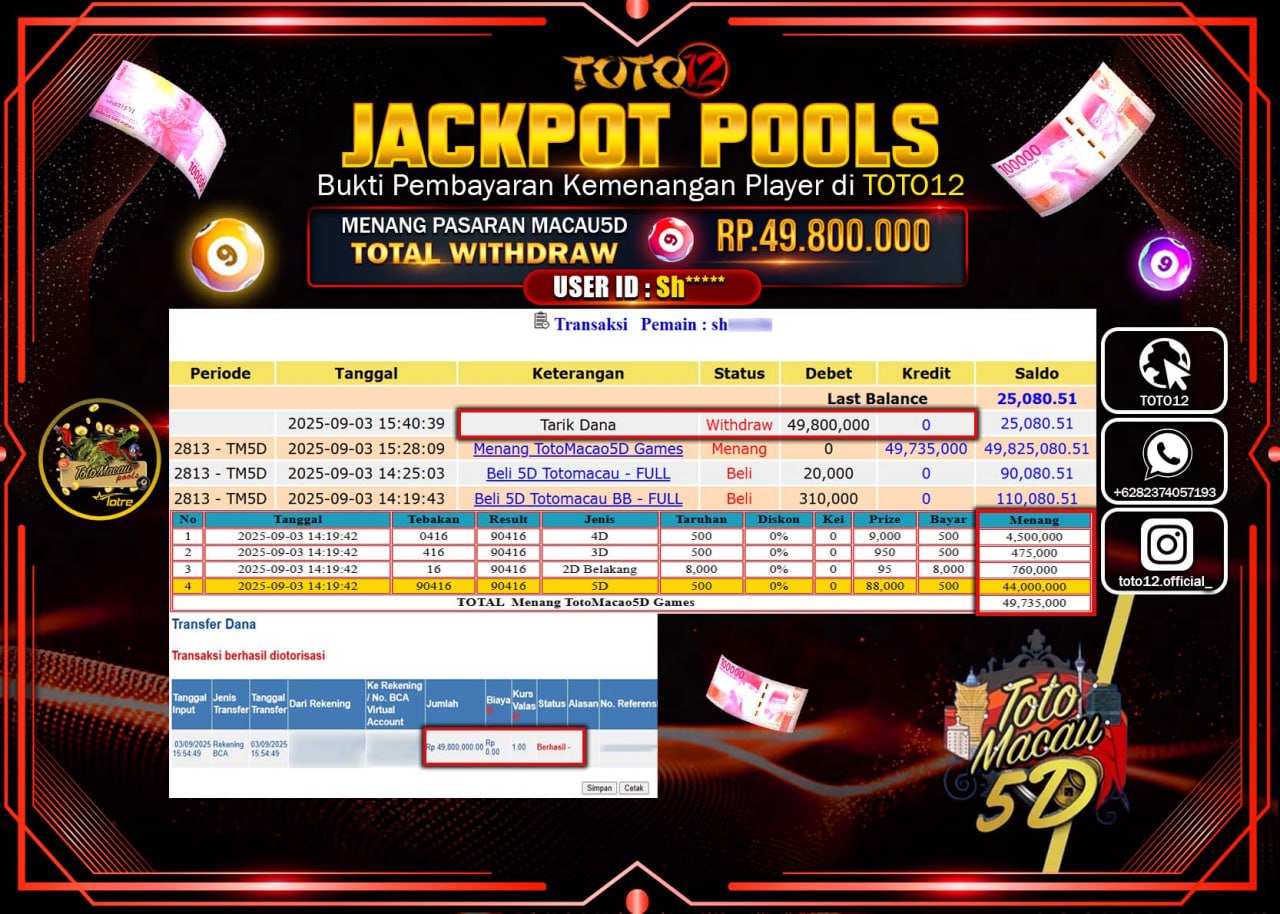 HANYA DI TOTO12 JP PASTI DI BAYAR LUNAS DAN CEPAT!!!!!! JACKPOT POOLS PASARAN (MACAU 5D) Rp.49.800.000 !!!!