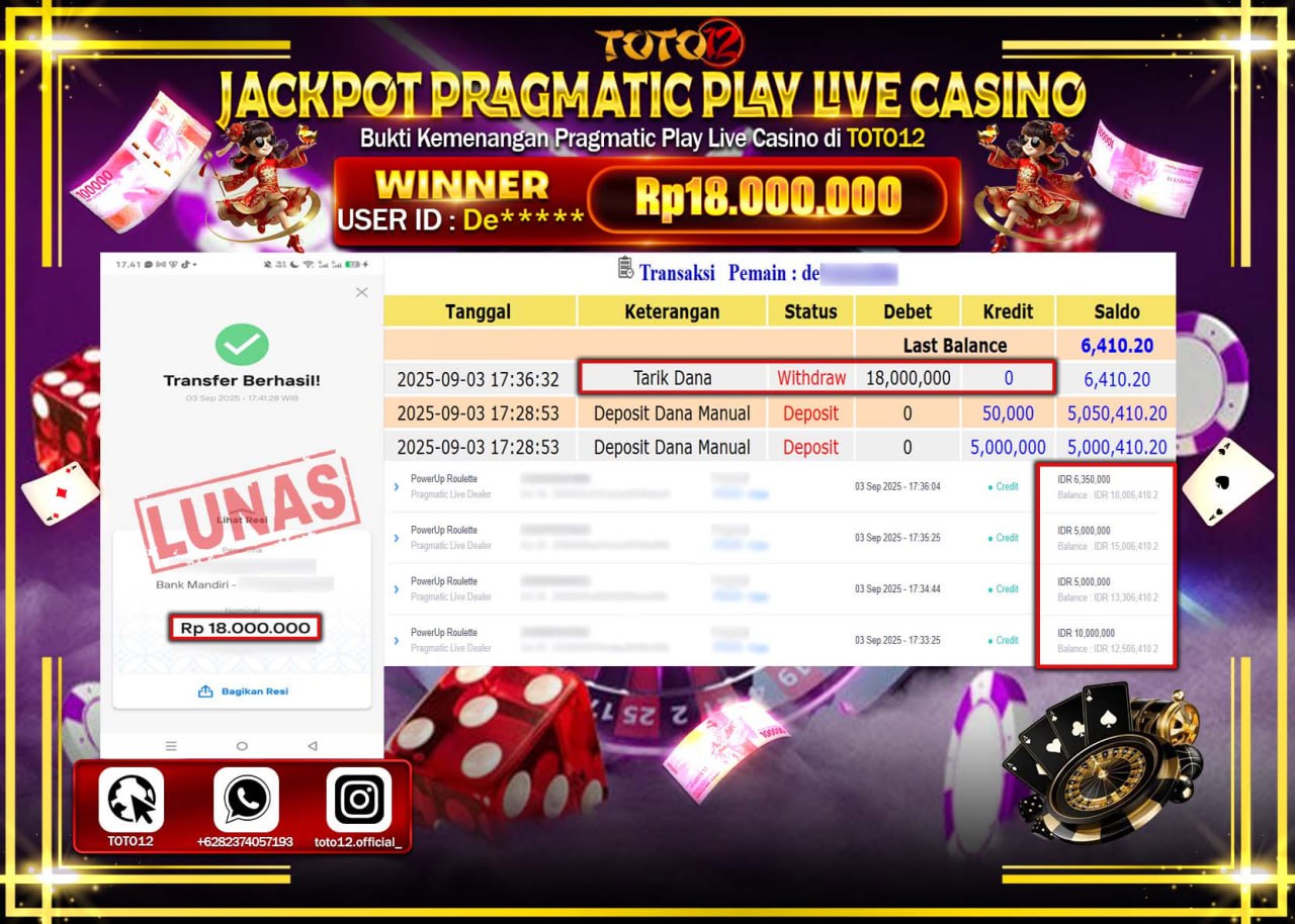 HANYA DI TOTO12 JP PASTI DI BAYAR LUNAS DAN CEPAT!!!!!! JACKPOT PRAGMATIC PLAY LIVE CASINO (POWERUP ROULETTE) Rp.18.000.000 !!!!