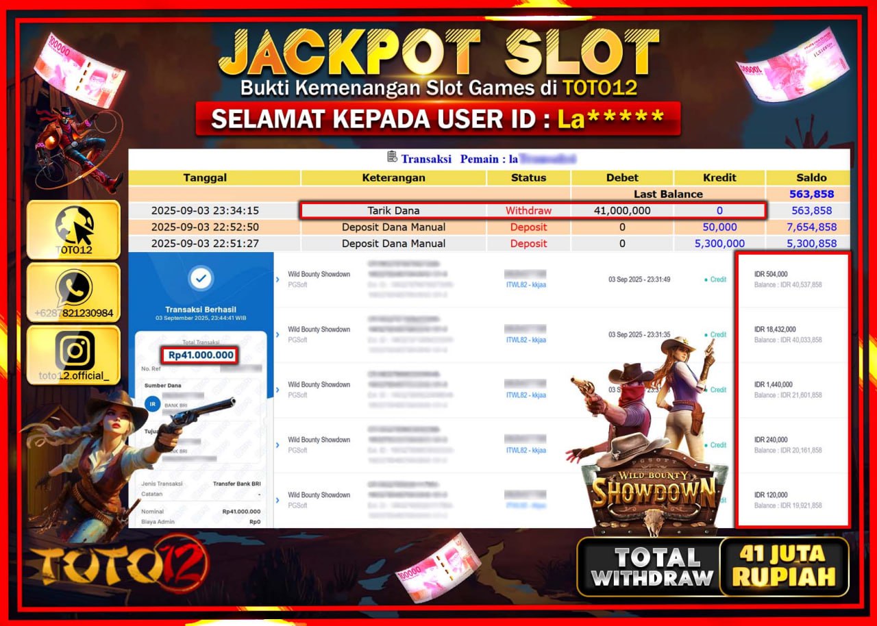 HANYA DI TOTO12 JP PASTI DI BAYAR LUNAS DAN CEPAT!!!!!! JACKPOT SLOT GAME (WILD BOUNTY SHOWDOWN) Rp.41.000.000 !!!!