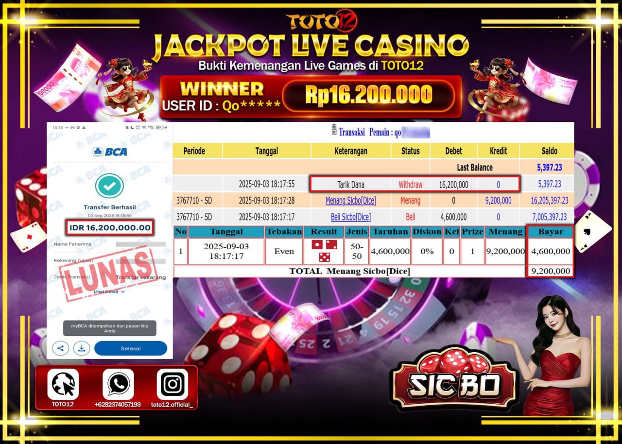 HANYA DI TOTO12 JP PASTI DI BAYAR LUNAS DAN CEPAT!!!!!! JACKPOT LIVE CASINO (SICBO) Rp.16.200.000 !!!!