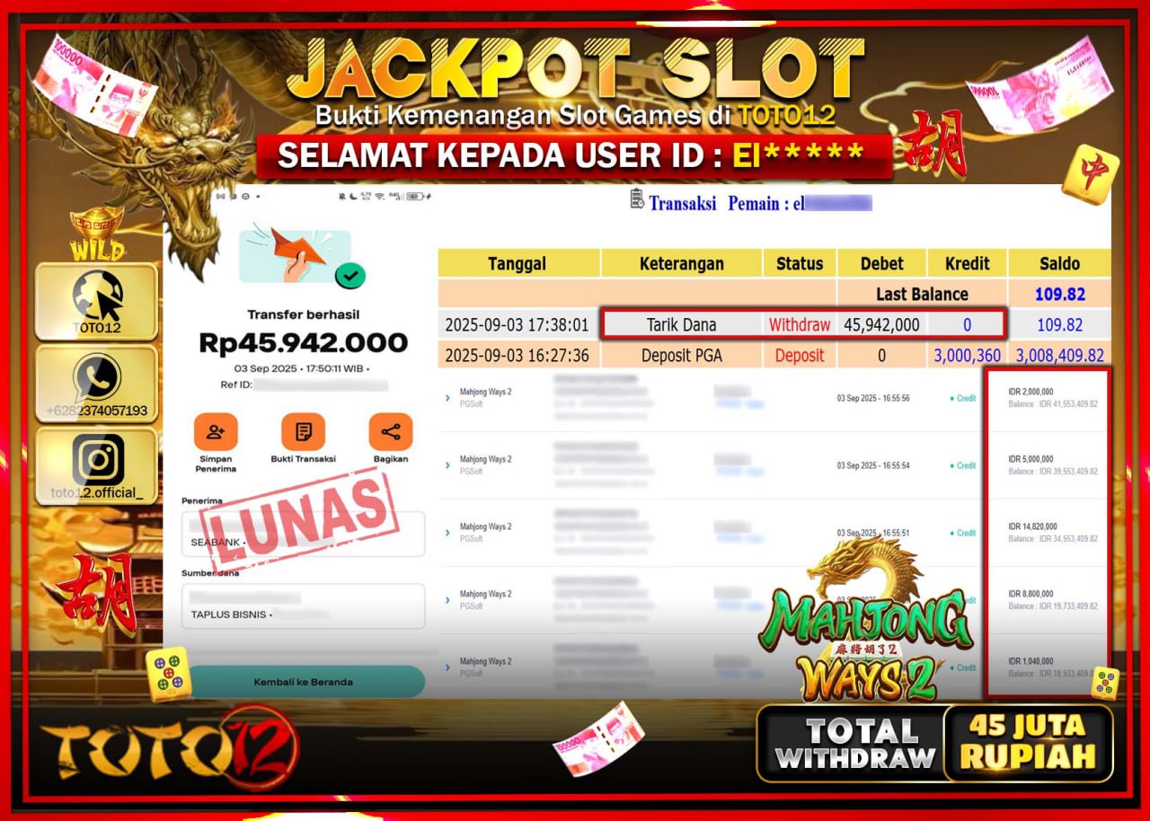HANYA DI TOTO12 JP PASTI DI BAYAR LUNAS DAN CEPAT!!!!!! JACKPOT SLOT GAME (MAHJONG WAYS 2) Rp.45.942.000 !!!!