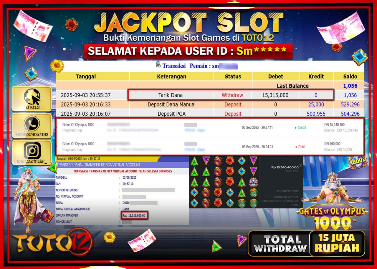 HANYA DI TOTO12 JP PASTI DI BAYAR LUNAS DAN CEPAT!!!!!! JACKPOT SLOT GAME (GATES OF OLYMPUS 1000) Rp.15.315.000 !!!!