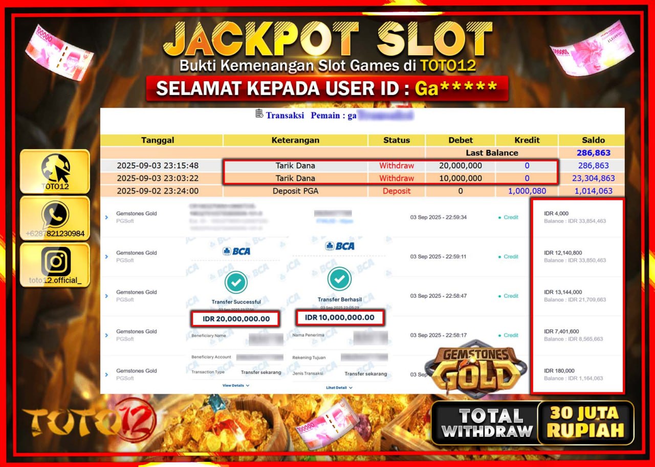 HANYA DI TOTO12 JP PASTI DI BAYAR LUNAS DAN CEPAT!!!!!! JACKPOT SLOT GAME (GEMSTONES GOLD) Rp.30.000.000 !!!!