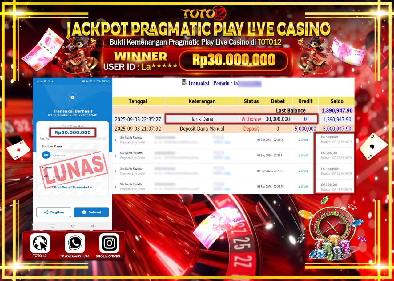 HANYA DI TOTO12 JP PASTI DI BAYAR LUNAS DAN CEPAT!!!!!! JACKPOT PRAGMATIC PLAY LIVE CASINO (MANIA ROULETTE) Rp.30.000.000 !!!!