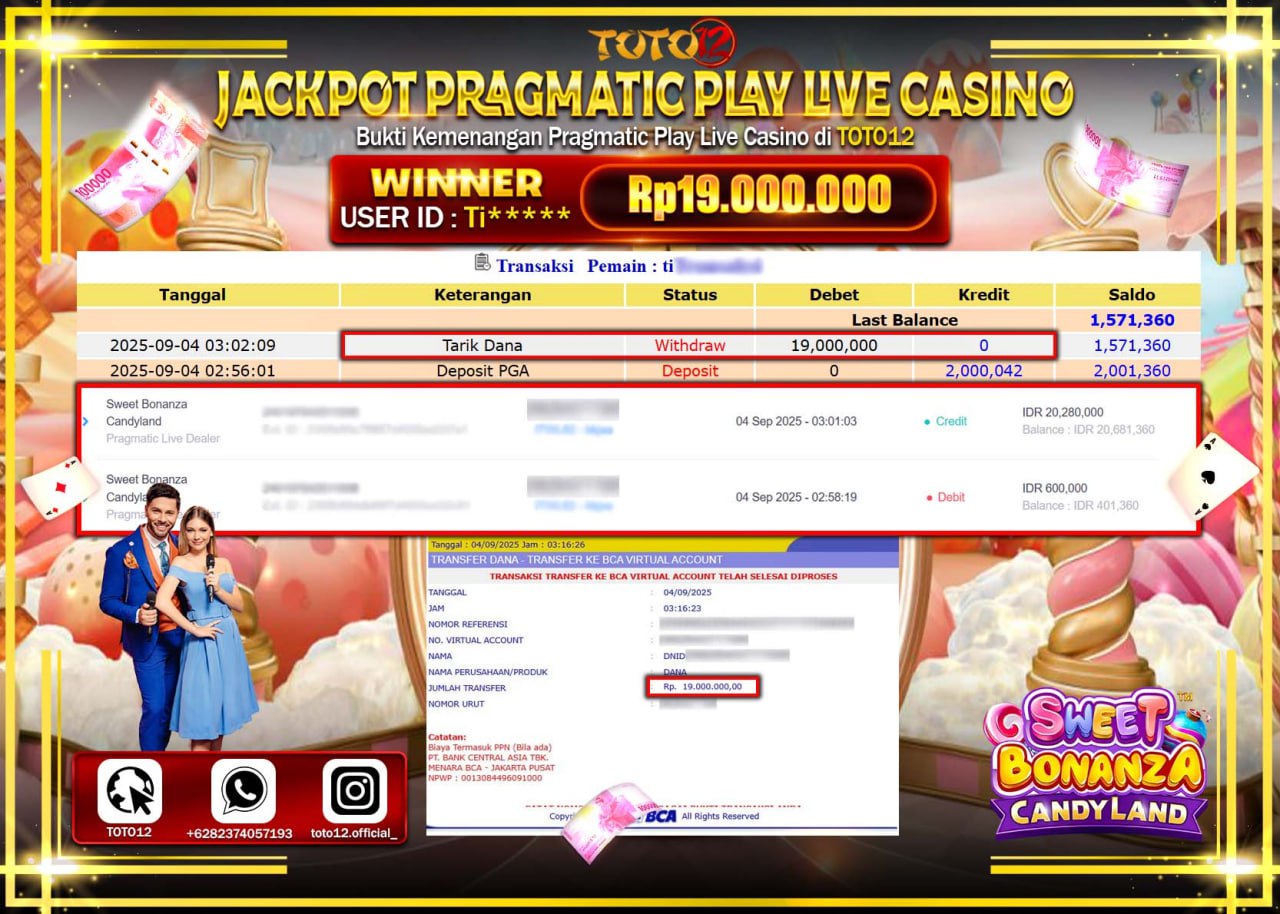 HANYA DI TOTO12 JP PASTI DI BAYAR LUNAS DAN CEPAT!!!!!! JACKPOT PRAGMATICE PLAY LIVE CASINO (SWEET BONANZA CANDY LAND) Rp.19.000.000 !!!!