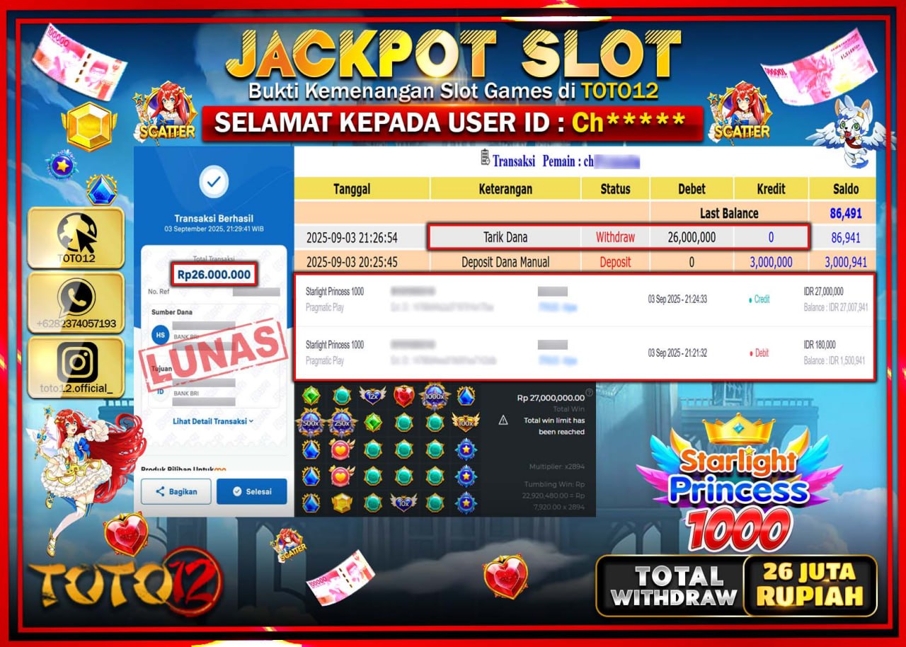 HANYA DI TOTO12 JP PASTI DI BAYAR LUNAS DAN CEPAT!!!!!! JACKPOT SLOT GAME (STARLIGHT PRINCESS 1000) Rp.26.000.000 !!!!