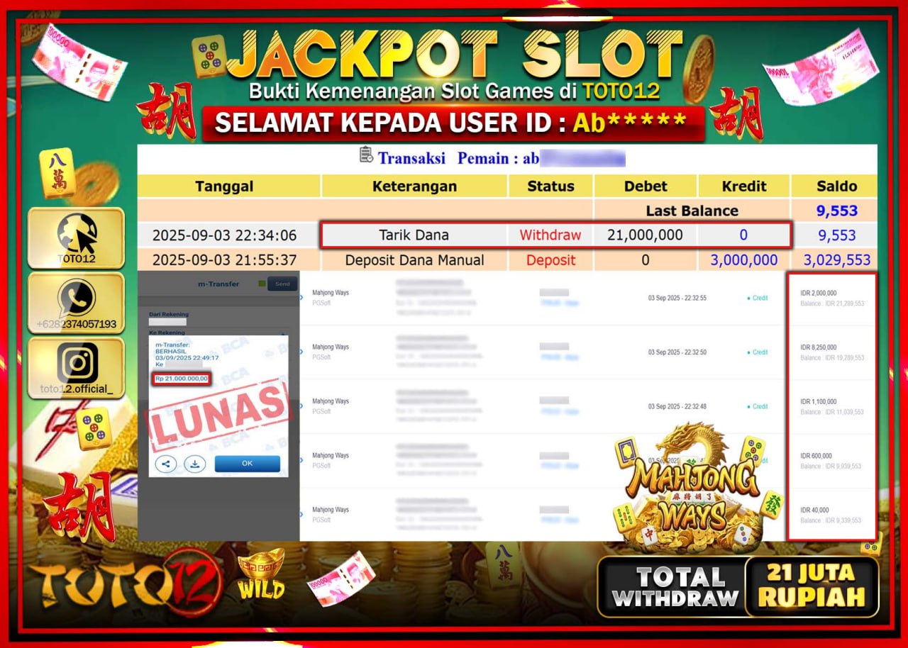 HANYA DI TOTO12 JP PASTI DI BAYAR LUNAS DAN CEPAT!!!!!! JACKPOT SLOT GAME (MAHJONG WAYS) Rp.21.000.000 !!!!