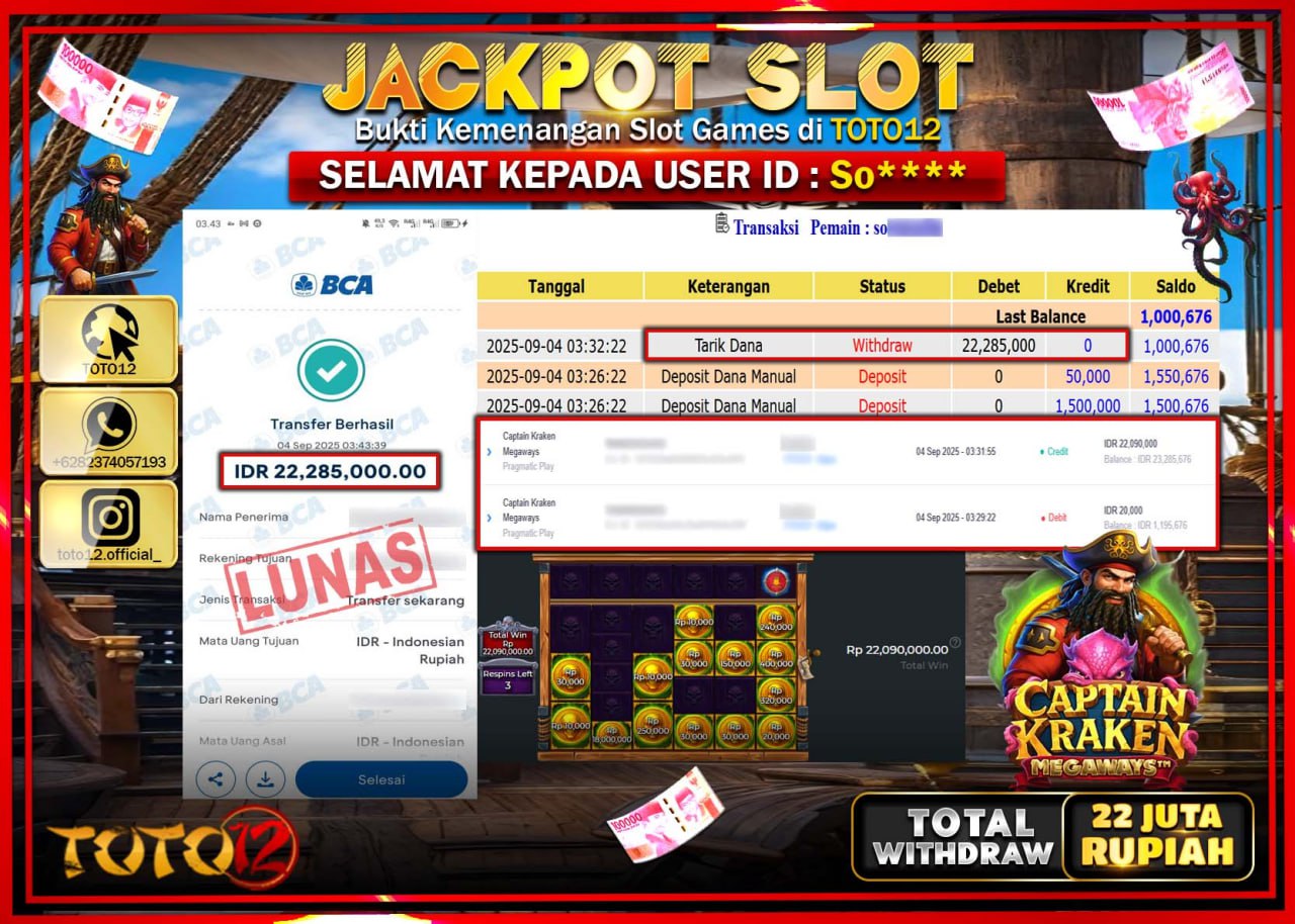 HANYA DI TOTO12 JP PASTI DI BAYAR LUNAS DAN CEPAT!!!!!! JACKPOT SLOT GAME (CAPTAIN KRAKEN MEGAWAYS) Rp.22.285.000 !!!!