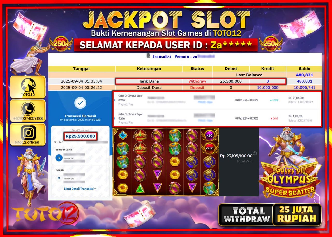 HANYA DI TOTO12 JP PASTI DI BAYAR LUNAS DAN CEPAT!!!!!! JACKPOT SLOT GAME (GATE OF OLYMPUS SUPER SCATTER) Rp.25.500.000 !!!!