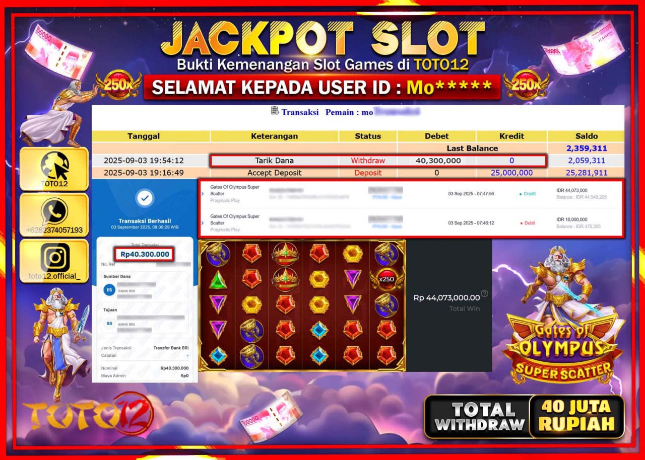 HANYA DI TOTO12 JP PASTI DI BAYAR LUNAS DAN CEPAT!!!!!! JACKPOT SLOT GAME (GATES OF OLYMPUS SUPER SCATTER) Rp.40.300.000 !!!!