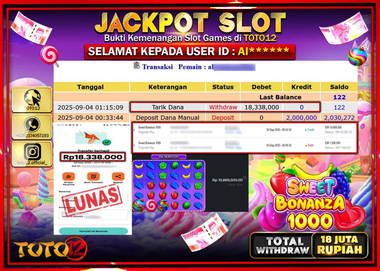 HANYA DI TOTO12 JP PASTI DI BAYAR LUNAS DAN CEPAT!!!!!! JACKPOT SLOT GAME (SWEET BONANZA 1000) Rp.18.338.000 !!!!