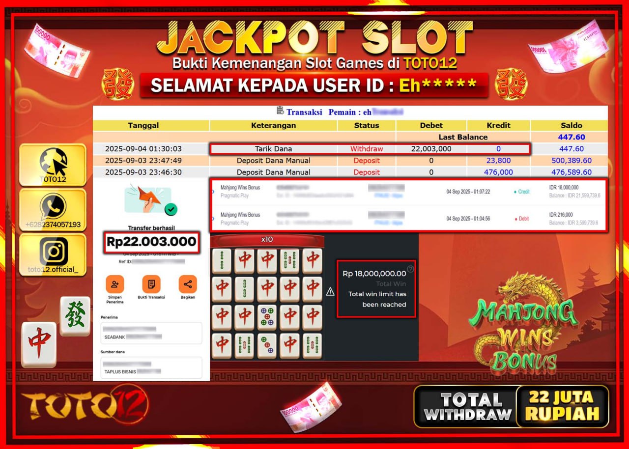 HANYA DI TOTO12 JP PASTI DI BAYAR LUNAS DAN CEPAT!!!!!! JACKPOT SLOT GAME (MAHJONG WINS BONUS) Rp.22.003.000 !!!!