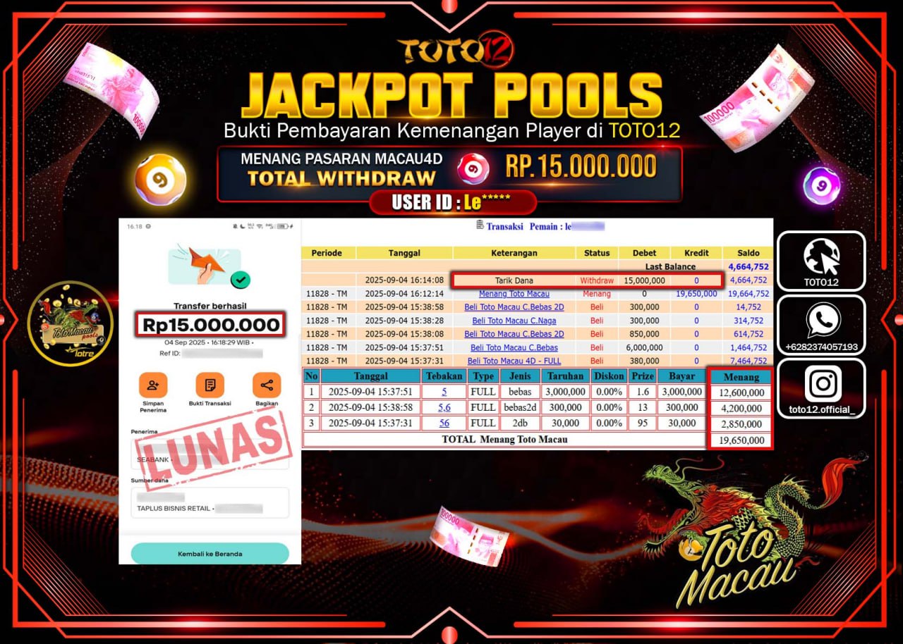 HANYA DI TOTO12 JP PASTI DI BAYAR LUNAS DAN CEPAT!!!!!! JACKPOT POOLS PASARAN (MACAU 4D) Rp.15.000.000 !!!!