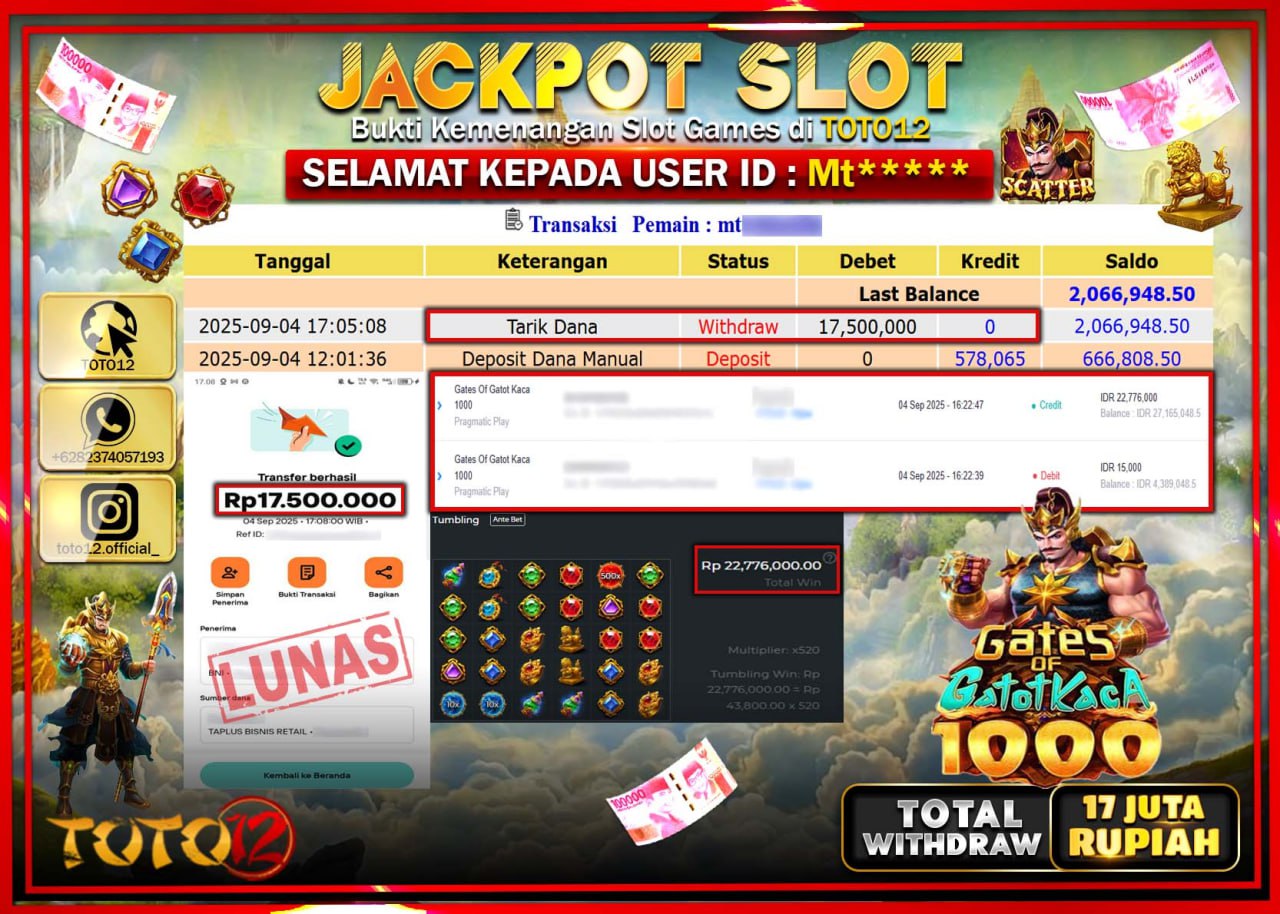 HANYA DI TOTO12 JP PASTI DI BAYAR LUNAS DAN CEPAT!!!!!! JACKPOT SLOT GAME (GATES OF GATOT KACA 1000) Rp.17.500.000 !!!!